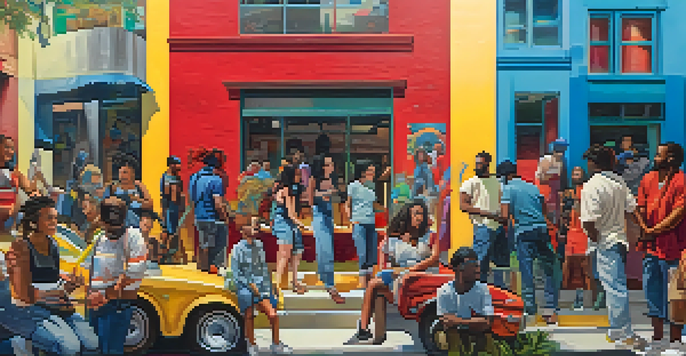 A diverse group of artists collaborating on a colorful mural in an urban setting during a sunny day.