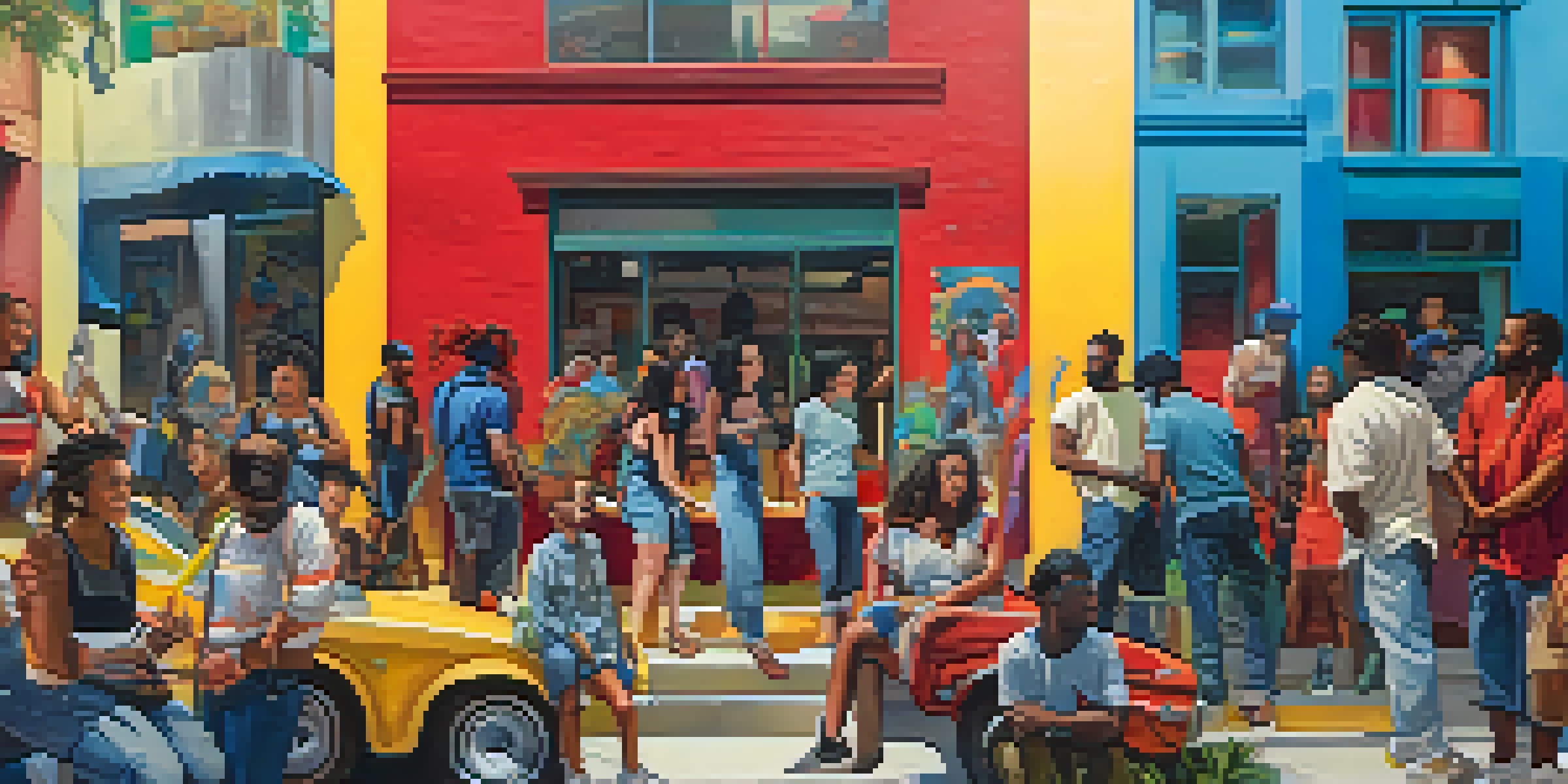 A diverse group of artists collaborating on a colorful mural in an urban setting during a sunny day.
