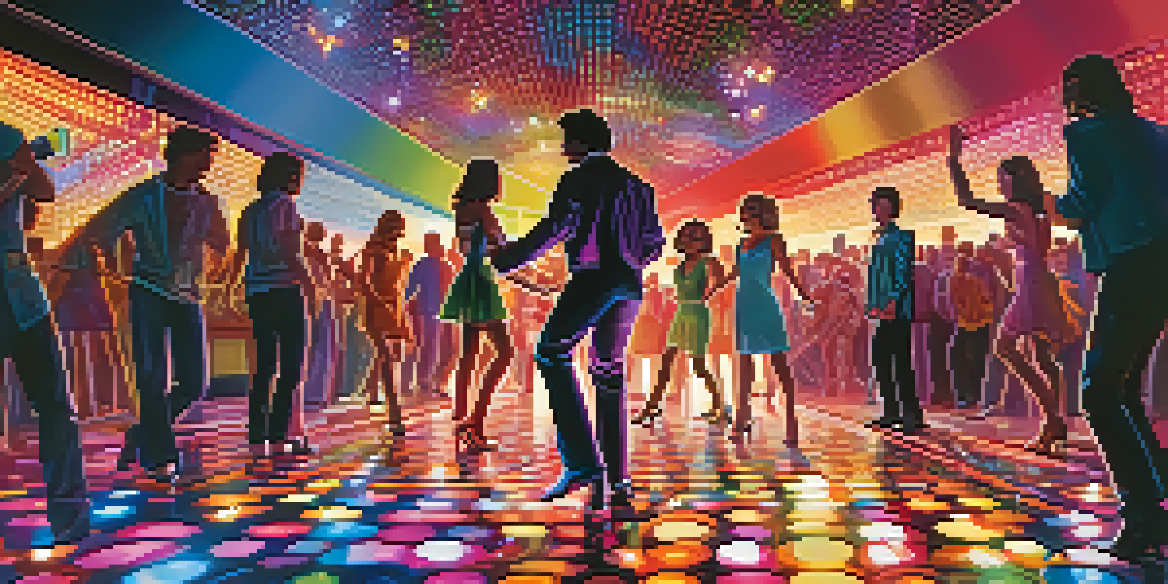 A lively disco dance floor with people dressed in 1970s fashion, dancing under colorful lights, with a DJ in the background.