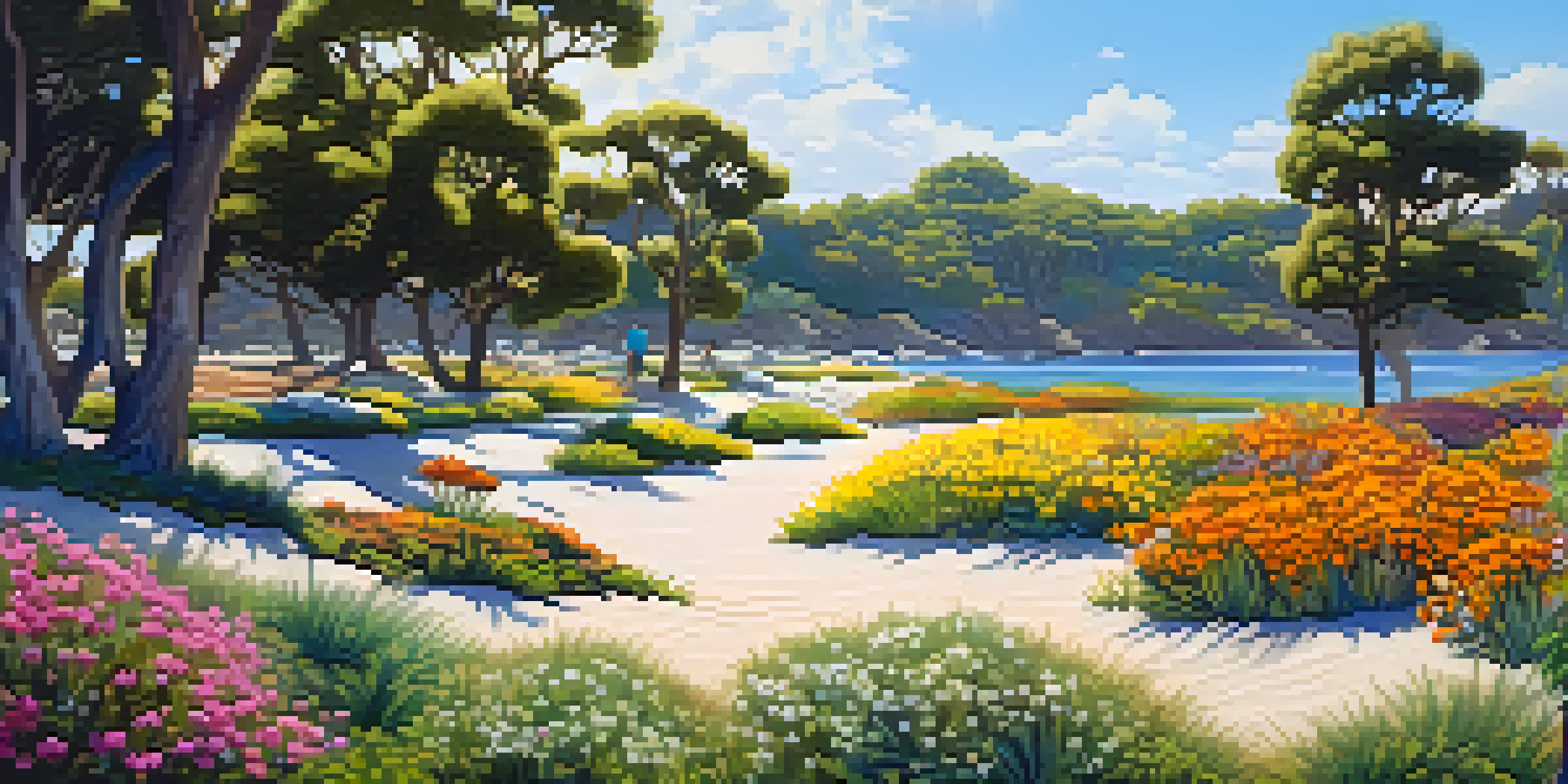 An urban park in Los Angeles with native plants and wildlife, including Western snowy plovers on the beach, surrounded by greenery and colorful flowers under a blue sky.