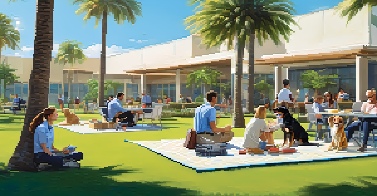 Employees relaxing outdoors with their pets in a sunny office environment, promoting work-life balance.