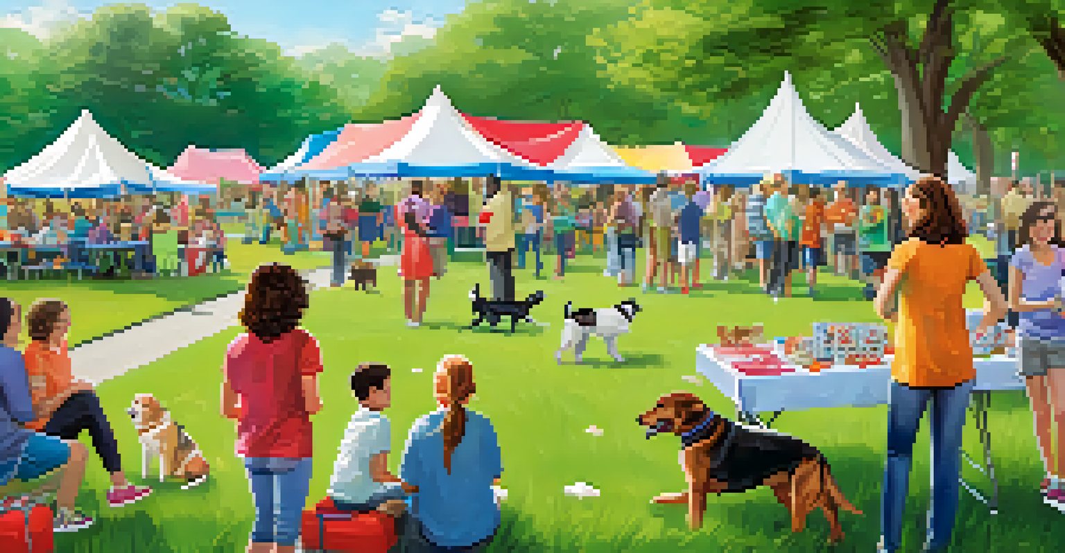 A community event in a park with families engaging at a pet adoption drive, featuring colorful banners and happy pets, surrounded by nature.
