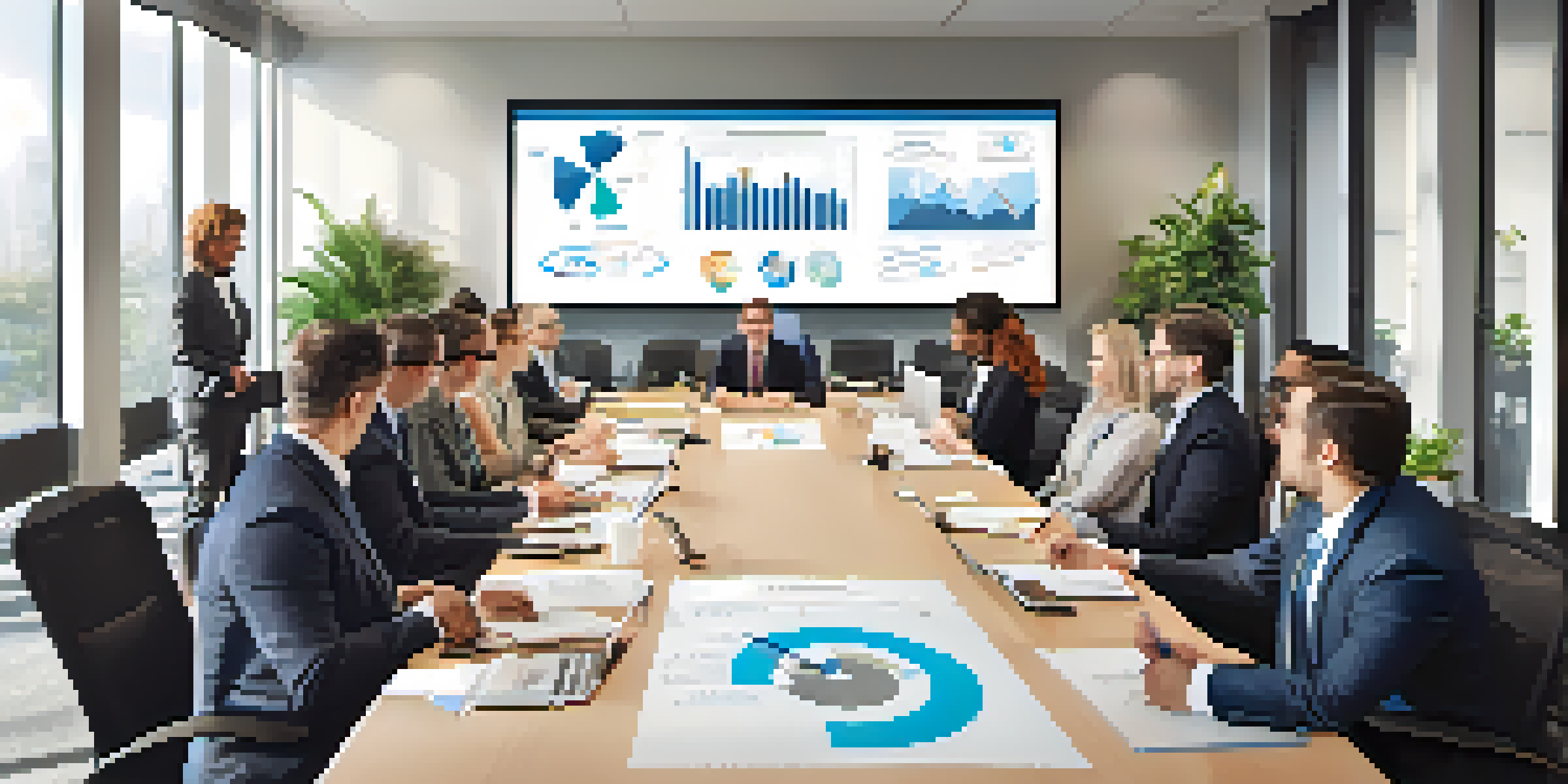A diverse group of professionals collaborating in a bright conference room, focused on crisis response strategies with charts and a digital screen.
