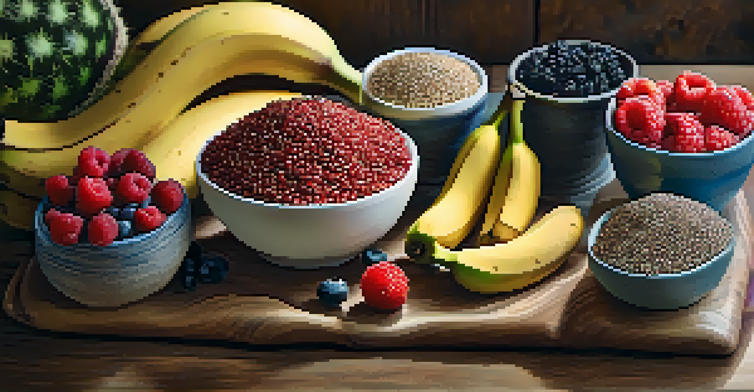 A beautifully arranged display of superfoods such as quinoa and chia seeds with colorful fruits, illuminated by natural light.