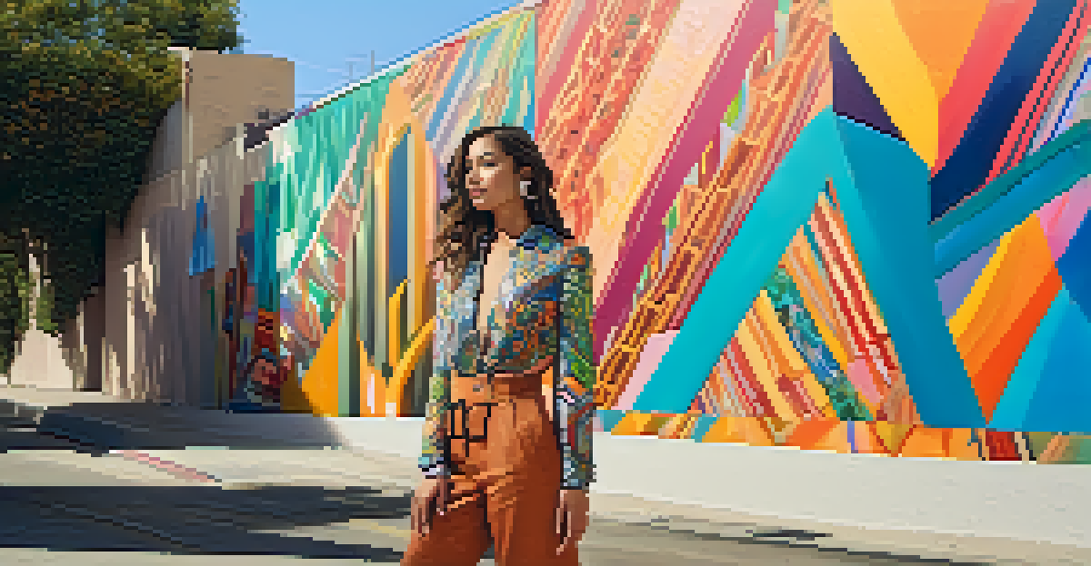 A young woman in a stylish sustainable outfit poses in front of a colorful mural in Los Angeles, with warm sunlight illuminating the scene.