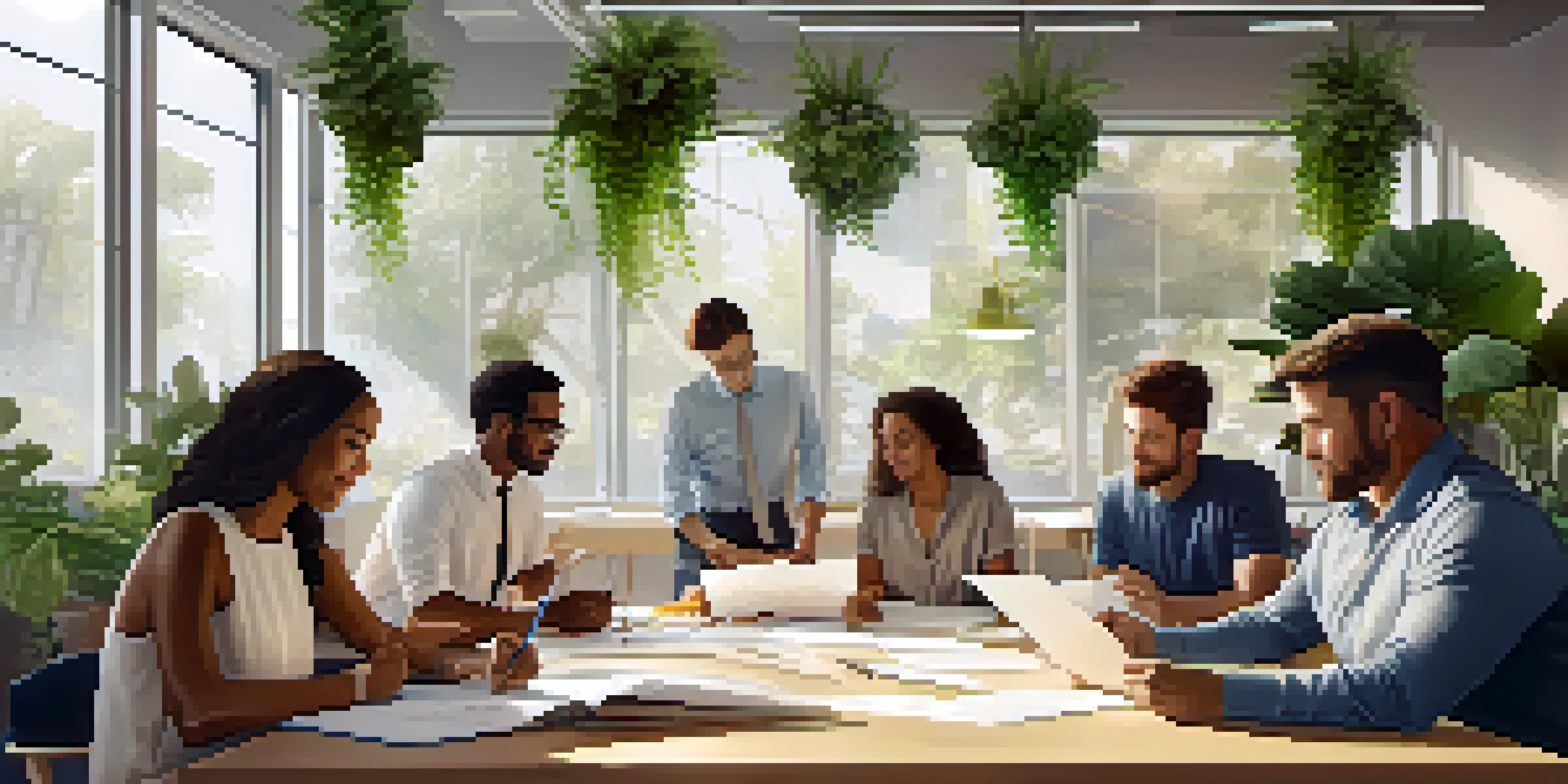 A diverse team of employees collaborating in a well-lit office during a brainstorming session.