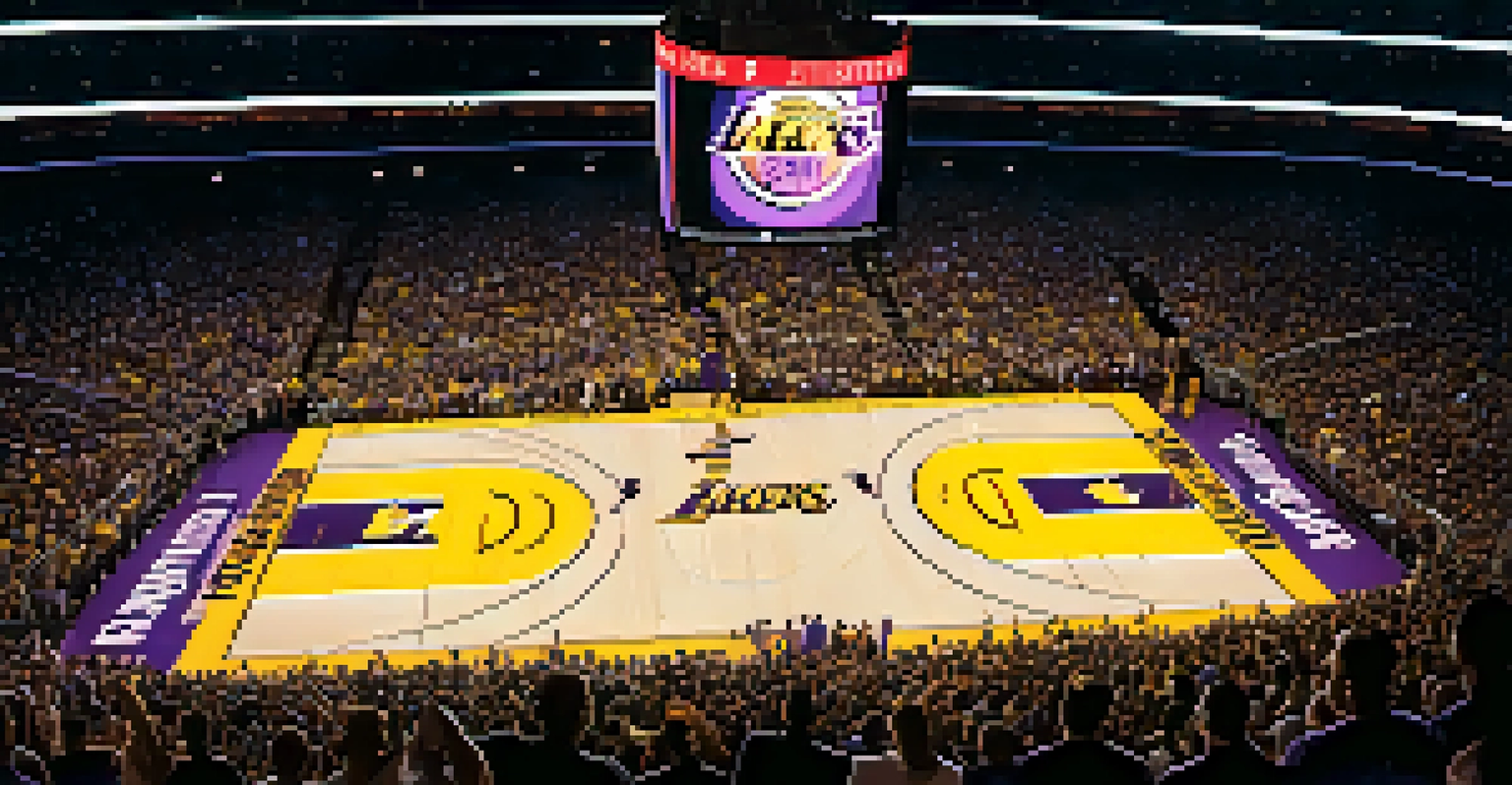 A packed Staples Center during a Lakers game, with fans cheering and players in action under colorful arena lights.