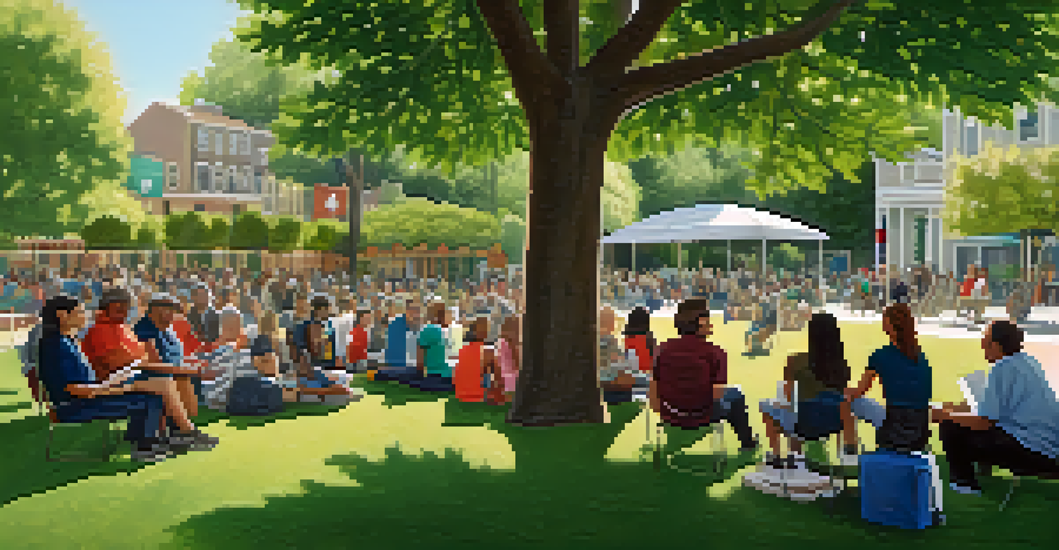 A community forum meeting in a park, with diverse residents discussing transportation needs, seated with notepads and a banner in the background.