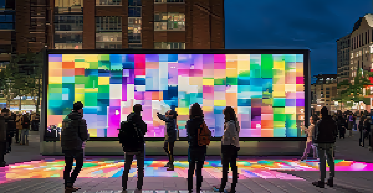An interactive art installation with colorful lights and digital screens in a busy urban square, with people engaging with the art against modern buildings at twilight.