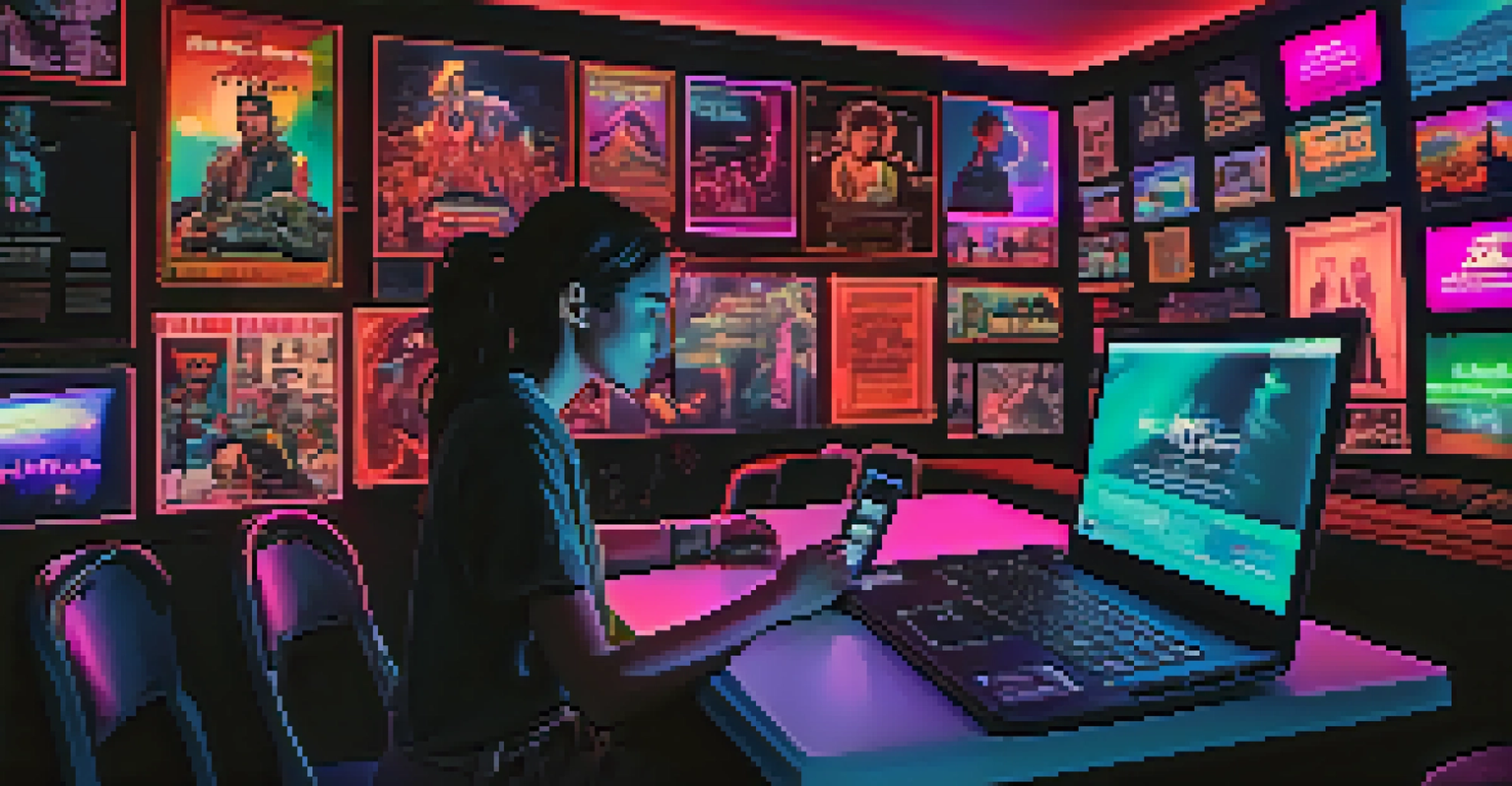 A young woman editing film footage on a laptop in a dimly lit room with neon lights and movie posters.