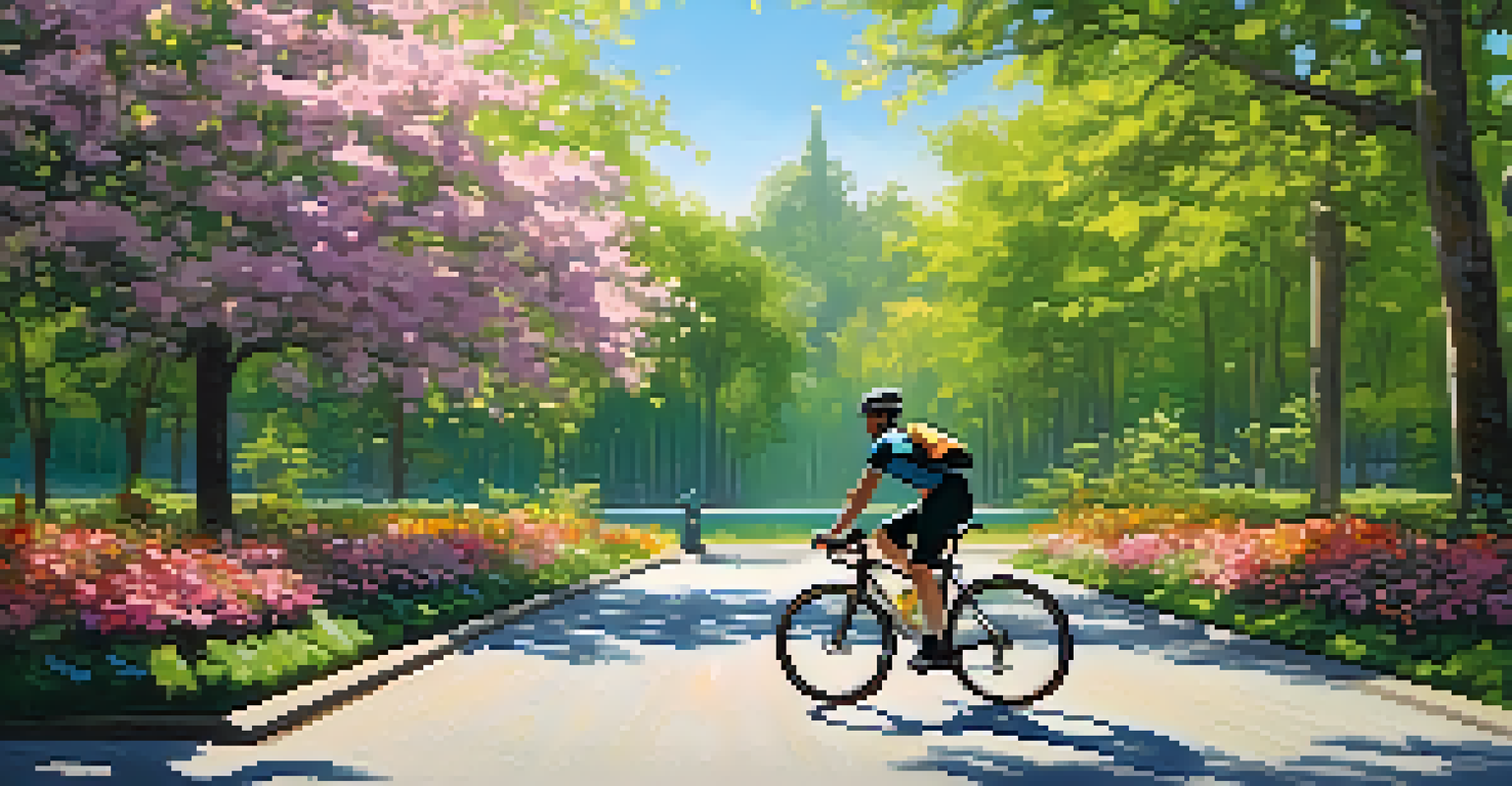 A cyclist enjoying a ride in a park, surrounded by greenery and flowers, with a lake in the background.