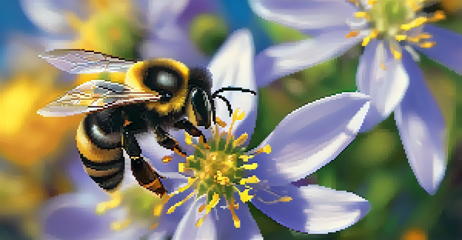 A close-up view of a blooming native flower with a bee collecting pollen, emphasizing the details of the flower and the bee's activity.