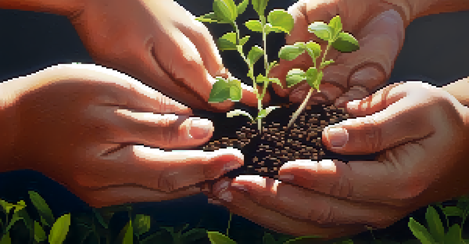 Close-up of diverse hands holding seedlings, symbolizing unity and growth, with a blurred background.