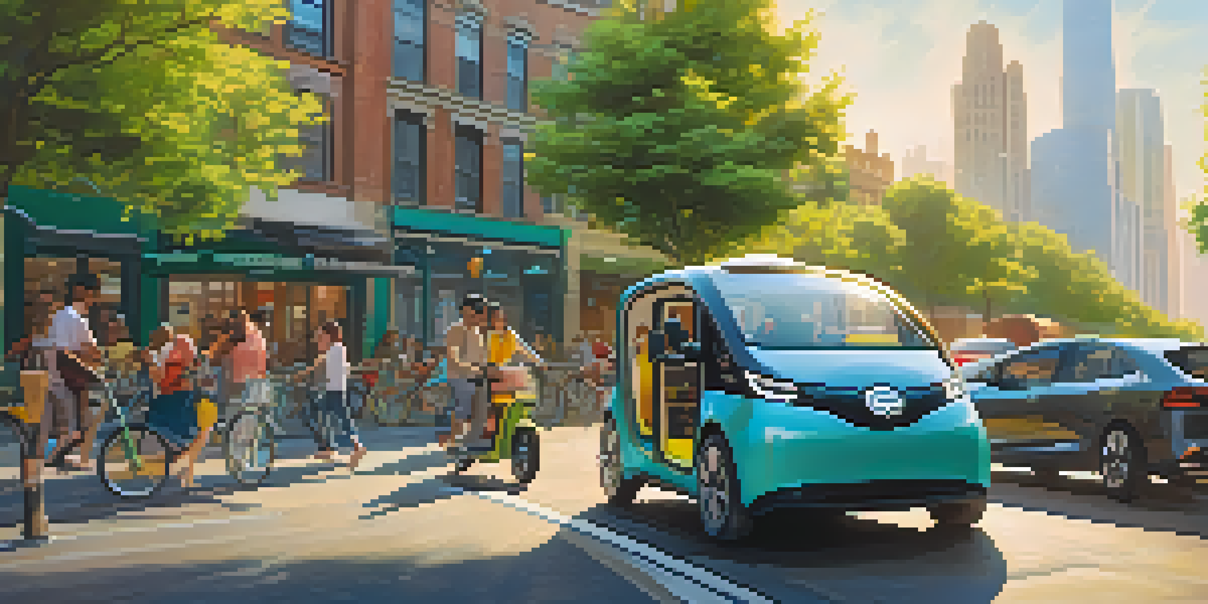 A diverse group of people smiling while carpooling in an electric car in a sunny urban setting.