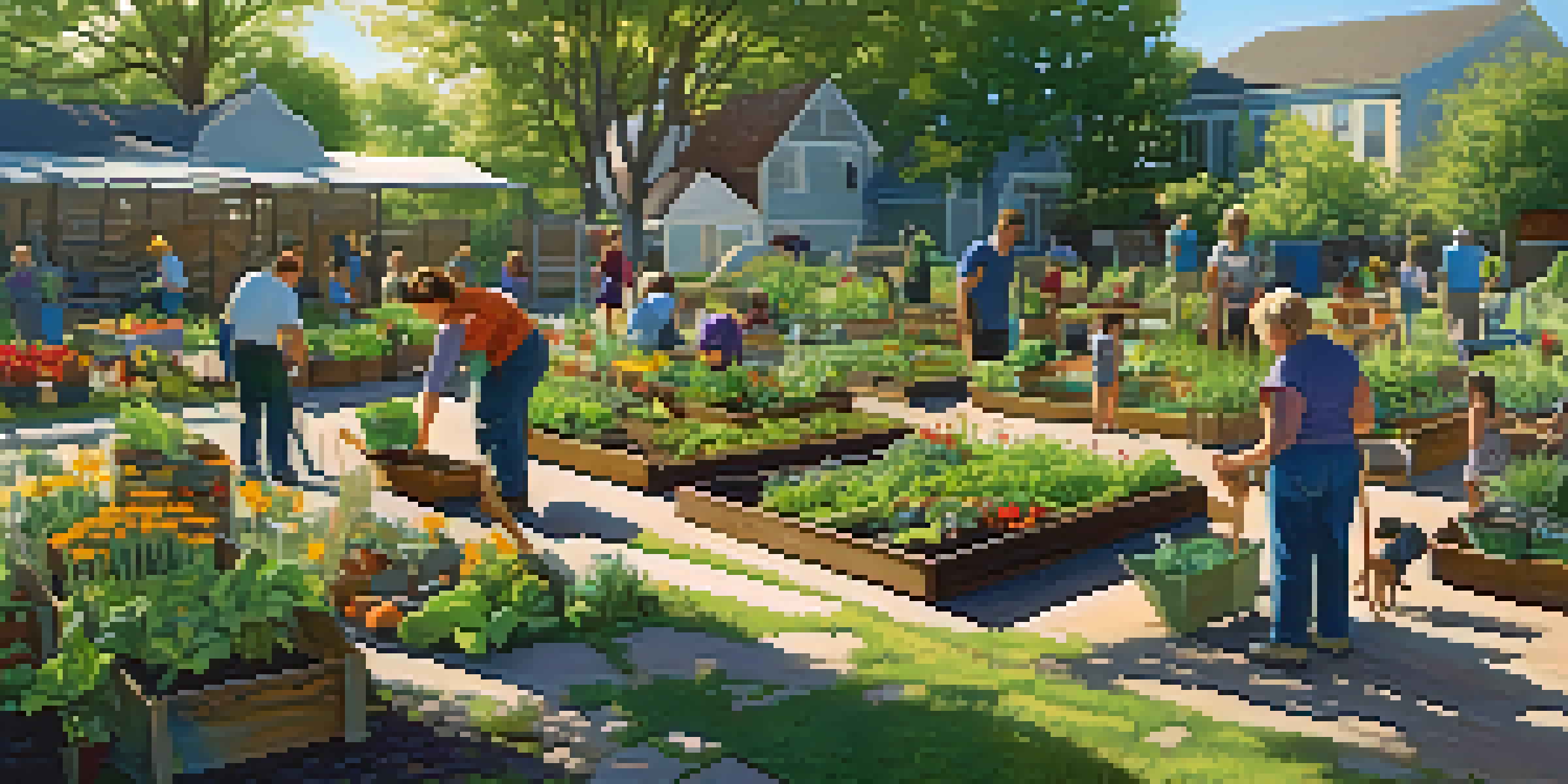 A colorful community garden with people planting and watering vegetables and flowers in raised wooden beds under a sunny sky.