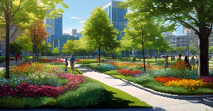 A lively urban park showcasing green infrastructure with rain gardens and trees, set against modern city buildings under a clear blue sky.