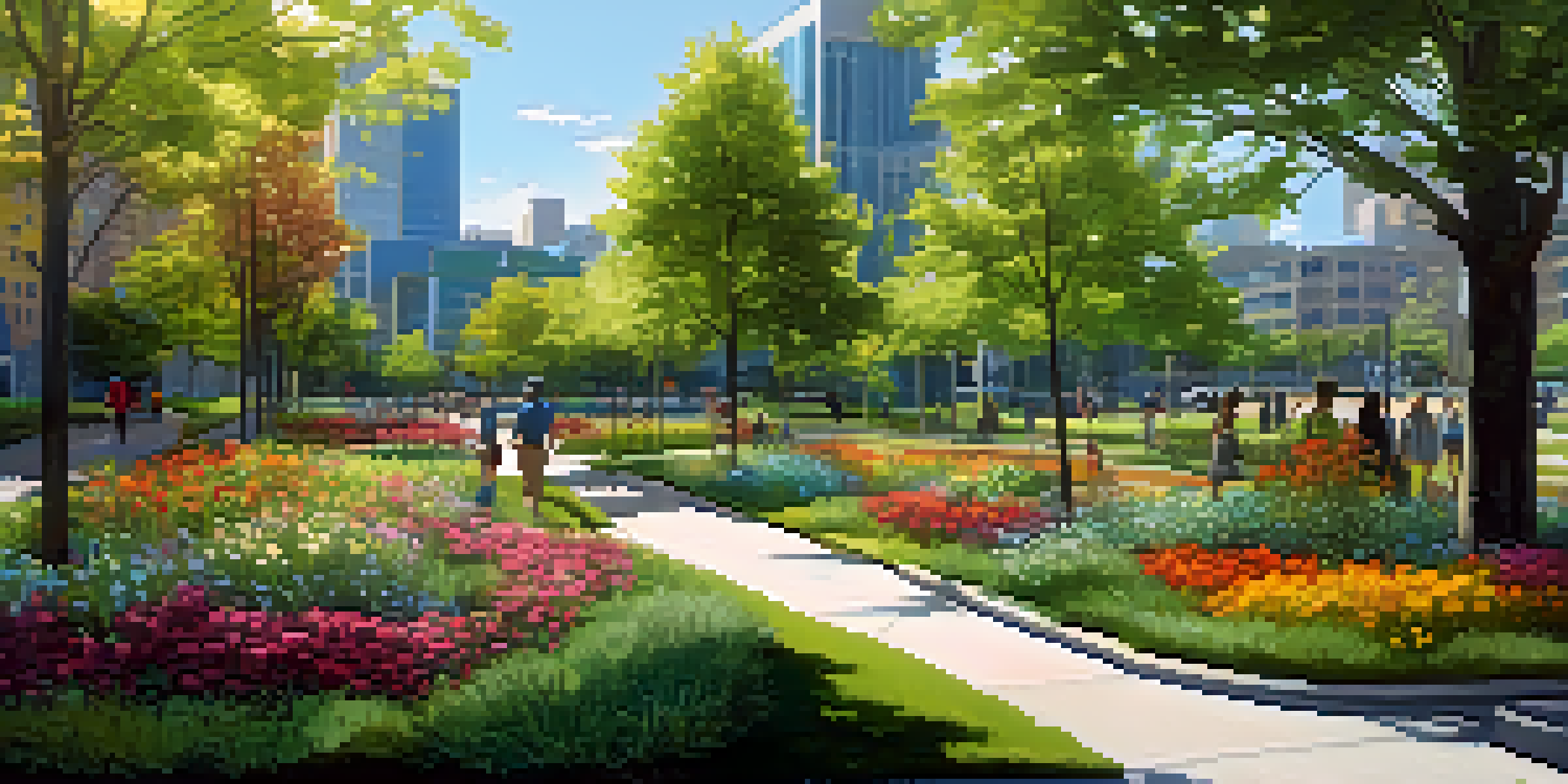 A lively urban park showcasing green infrastructure with rain gardens and trees, set against modern city buildings under a clear blue sky.