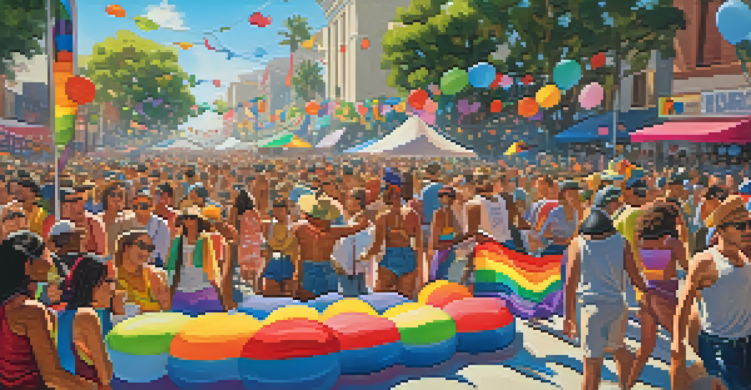 LA Pride Festival with colorful floats, people in vibrant outfits, and a joyful crowd celebrating diversity.