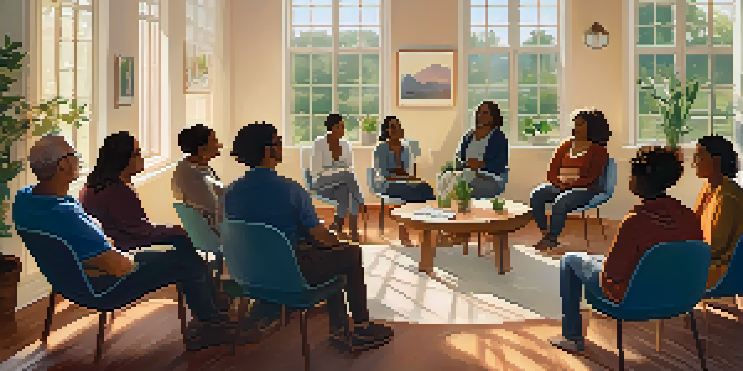 A diverse group of people seated in a circle, discussing openly in a cozy room filled with plants and sunlight.