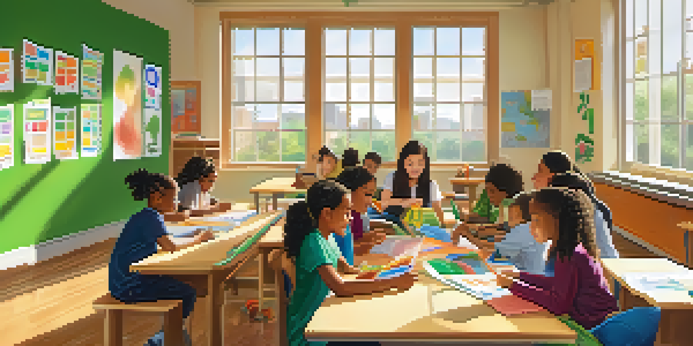 A vibrant classroom scene with diverse students collaborating on a project, surrounded by educational materials and natural light.