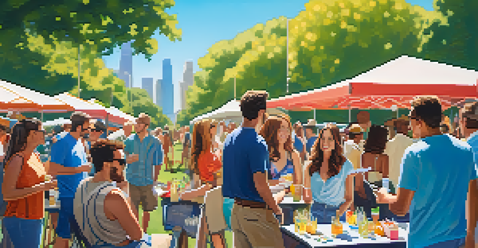 Freelancers networking outdoors in a sunny Los Angeles park, with colorful banners and refreshments, engaged in conversation.