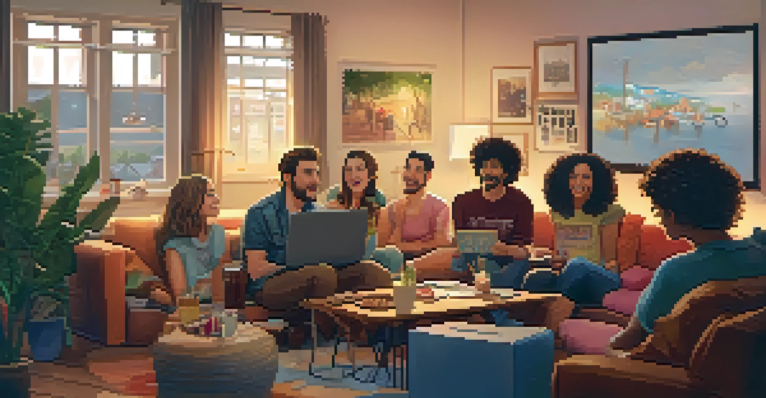 A group of friends enjoying an independent film together in a cozy home setting.