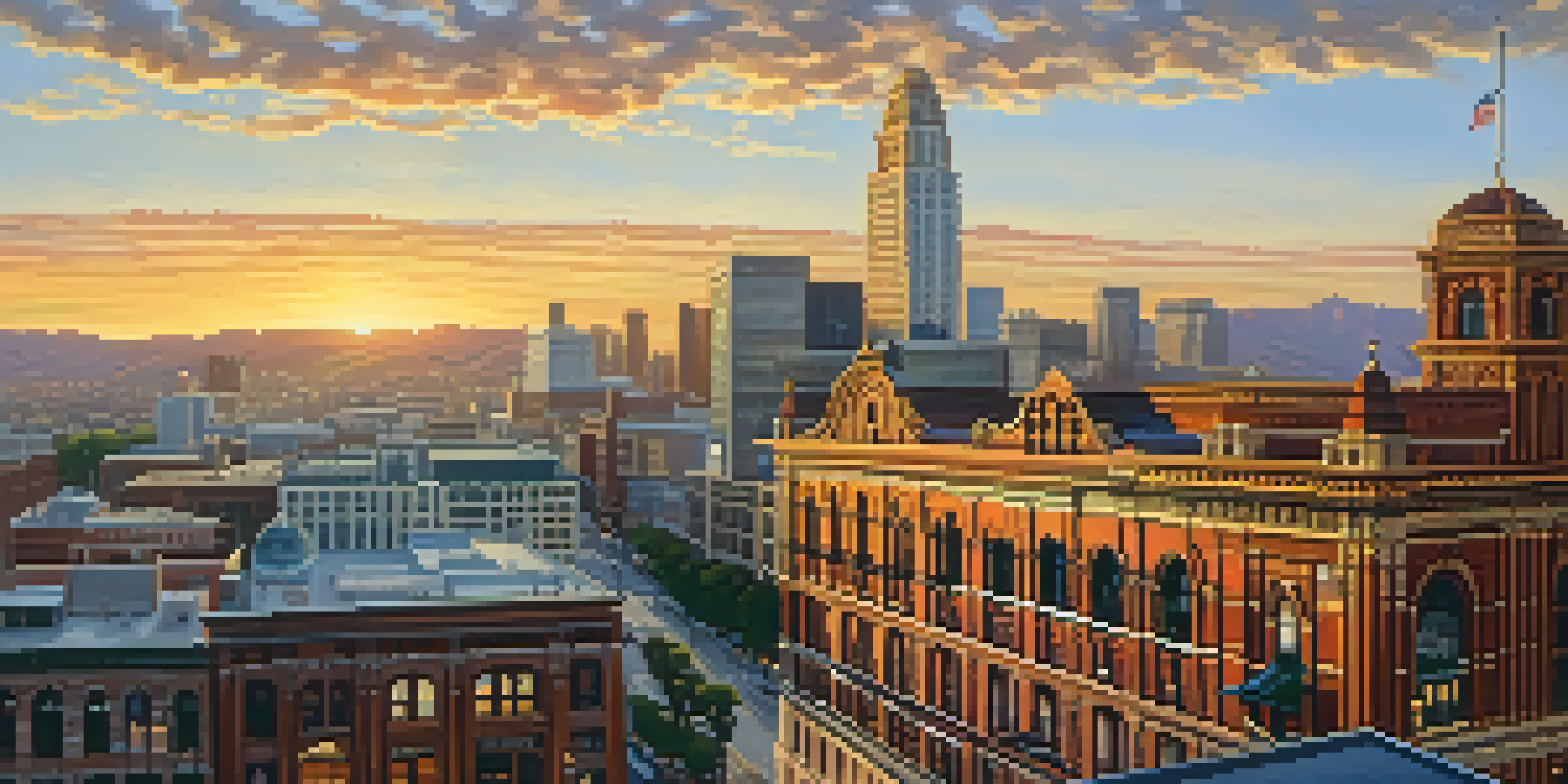 A panoramic view of Downtown Los Angeles featuring both historic buildings like the Bradbury Building and modern skyscrapers such as the US Bank Tower during sunset.