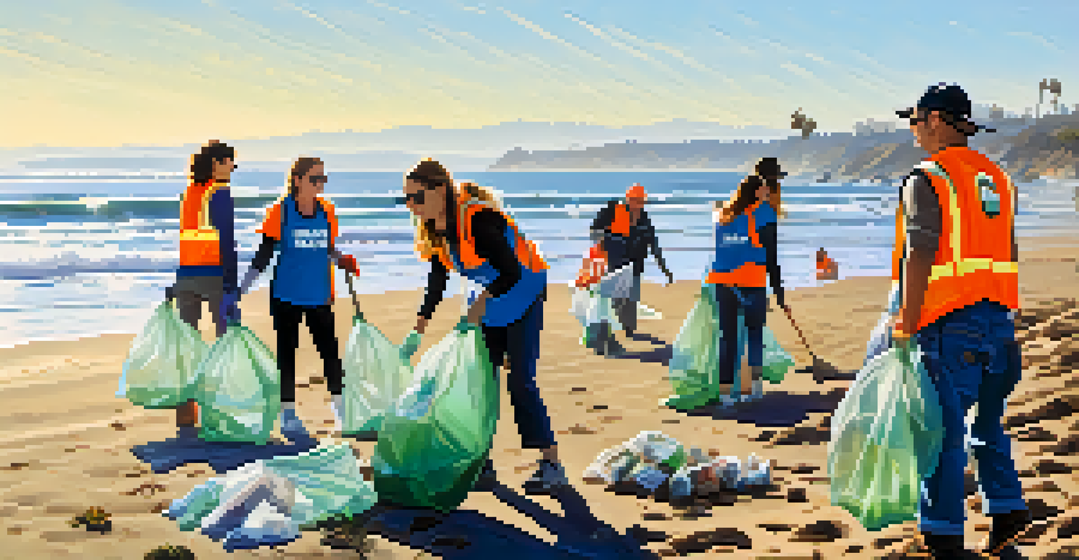 Volunteers cleaning a beach in Los Angeles, wearing bright vests and collecting trash with the ocean in the background.