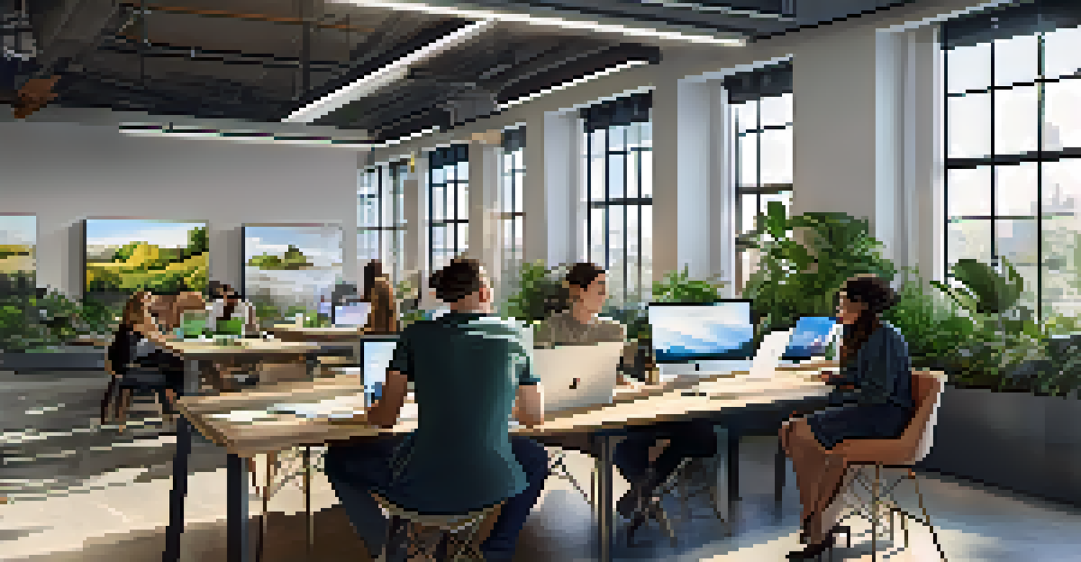 A modern startup workspace in Los Angeles with a diverse team brainstorming around a table, surrounded by laptops and digital screens, illuminated by natural light.