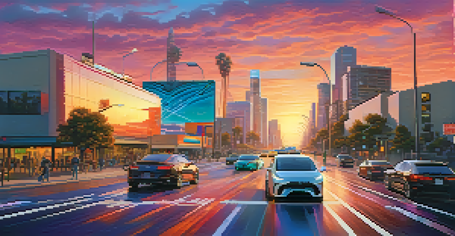 A futuristic urban landscape in Los Angeles with autonomous vehicles and smart traffic systems at sunset.