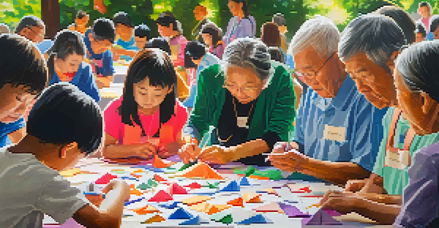Participants of all ages engaged in an origami workshop at Nisei Week Festival, with colorful paper and finished creations around them.