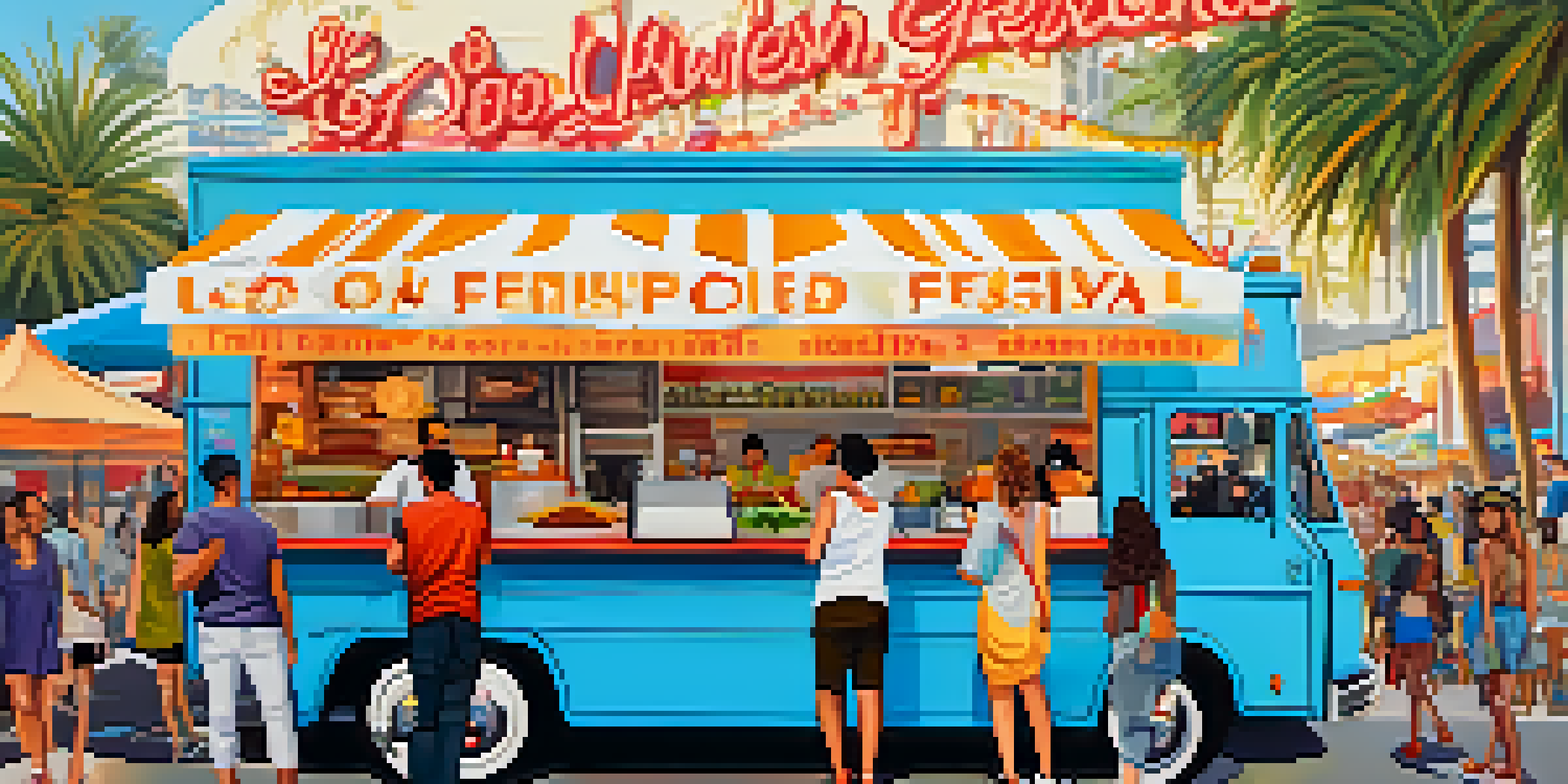 A lively street food festival in Los Angeles with diverse people enjoying various gourmet fusion dishes from food trucks.