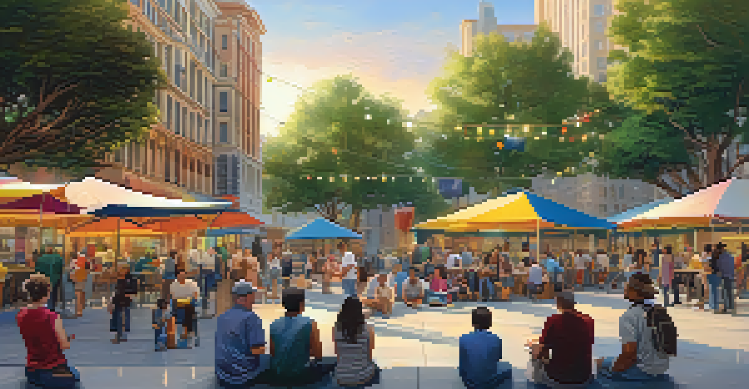 A cultural square filled with art, people socializing, and warm lighting at sunset.