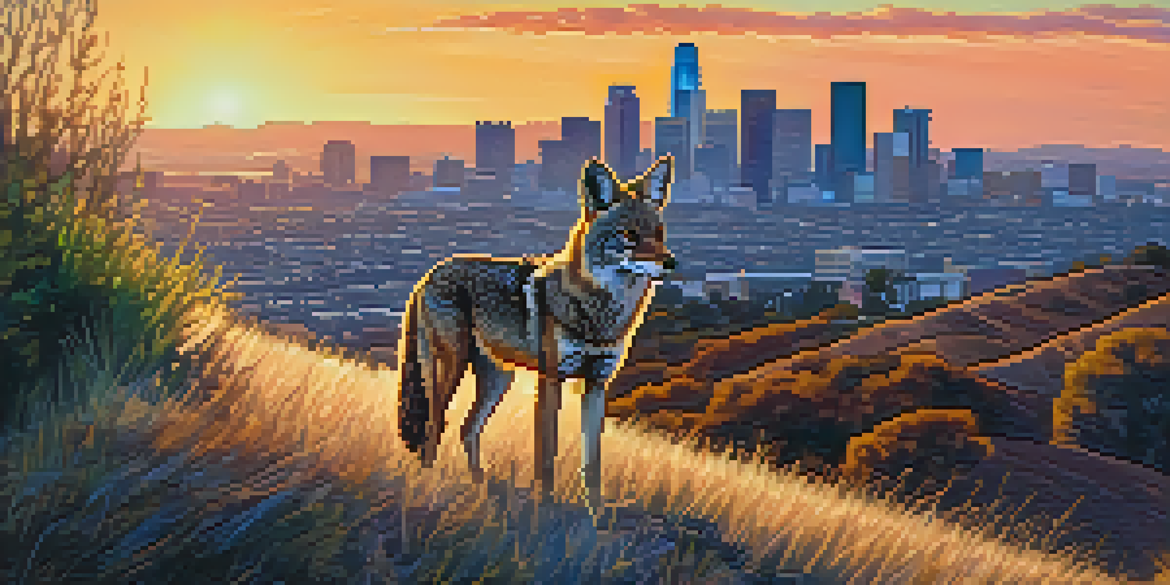 A coyote on a hillside with the Los Angeles skyline behind it during sunset, showcasing a contrast between wildlife and urban life.
