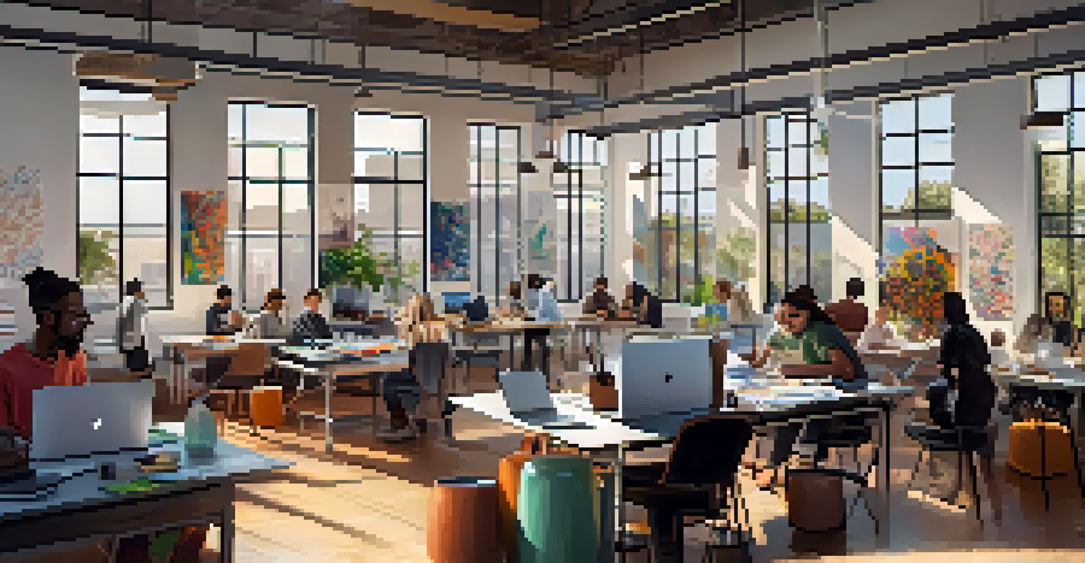 A collaborative workspace in Los Angeles, featuring diverse individuals brainstorming around a table with art and sketches on the walls.