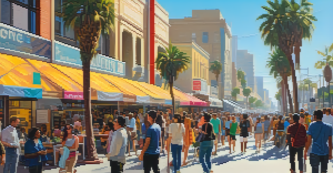 A busy Los Angeles street with diverse people using health tech devices under sunny skies, featuring palm trees and colorful shops.