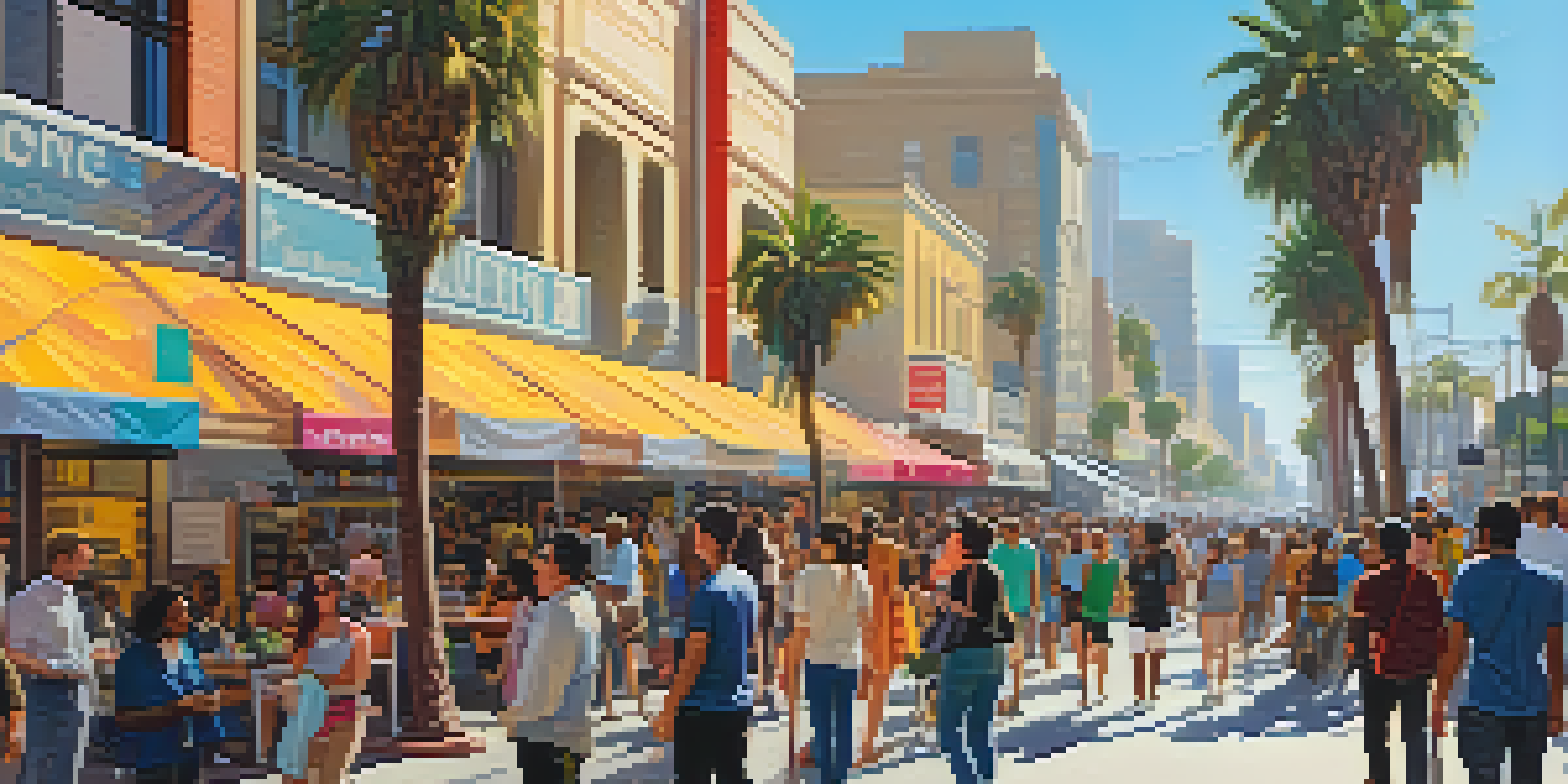 A busy Los Angeles street with diverse people using health tech devices under sunny skies, featuring palm trees and colorful shops.