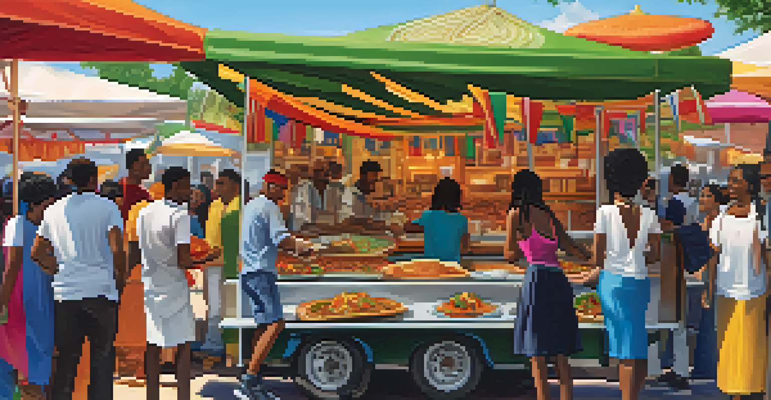 A colorful food stall at a music festival showcasing various international dishes, with festival-goers enjoying their meals in the backdrop.