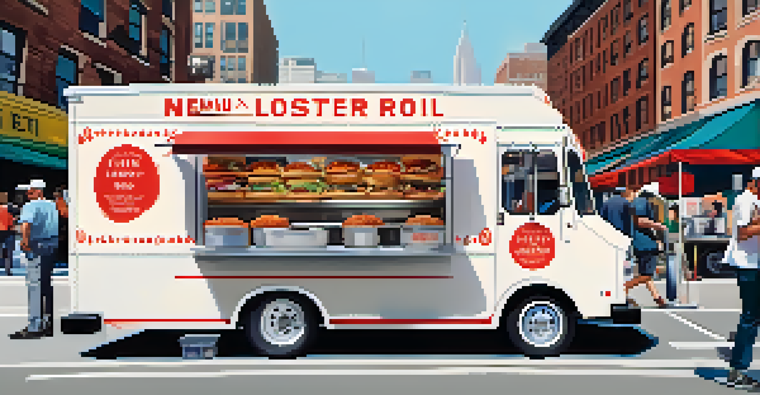 A gourmet food truck in New York City serving lobster rolls with customers waiting in line.
