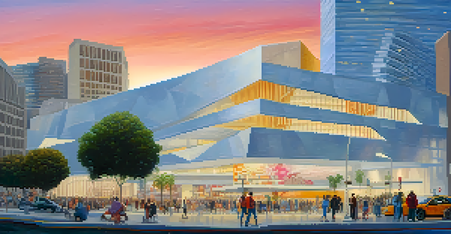 A vibrant street scene in Downtown LA featuring The Broad Museum and pedestrians, with colorful murals reflecting the city's cultural diversity.
