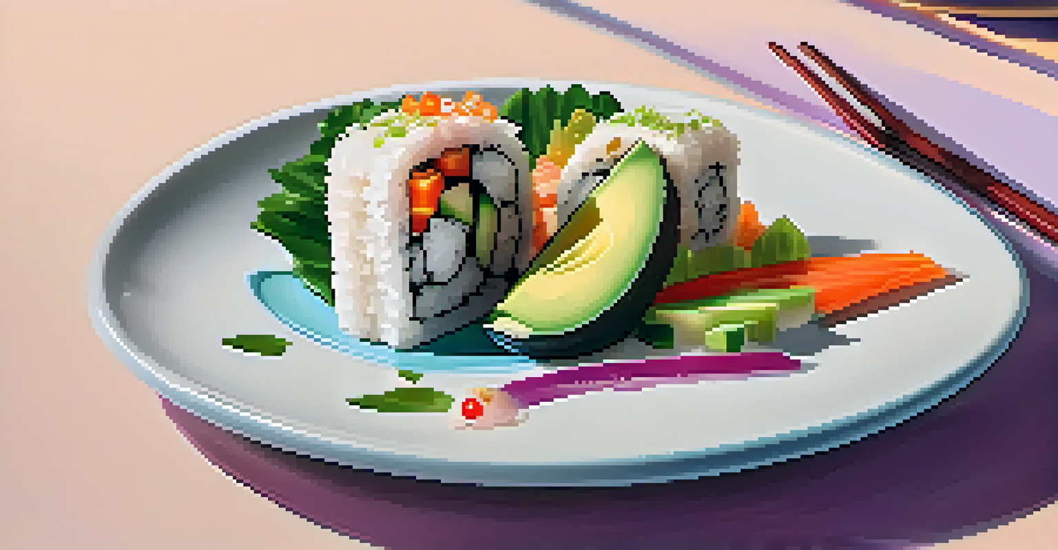 A sushi burrito cut in half, showing colorful ingredients on a modern plate with a softly blurred background.