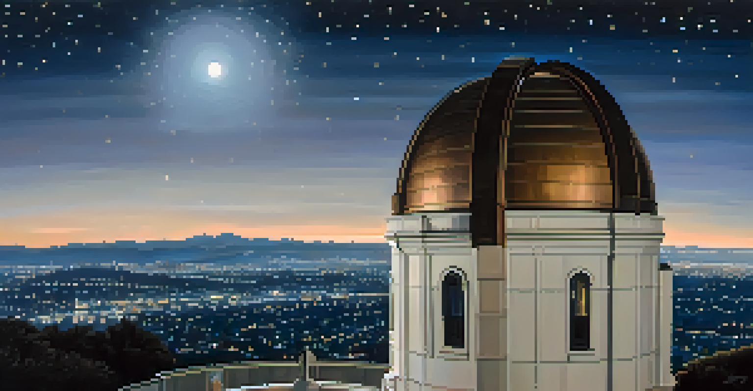 Close-up of the bronze telescope at Griffith Observatory with a starry night sky in the background.
