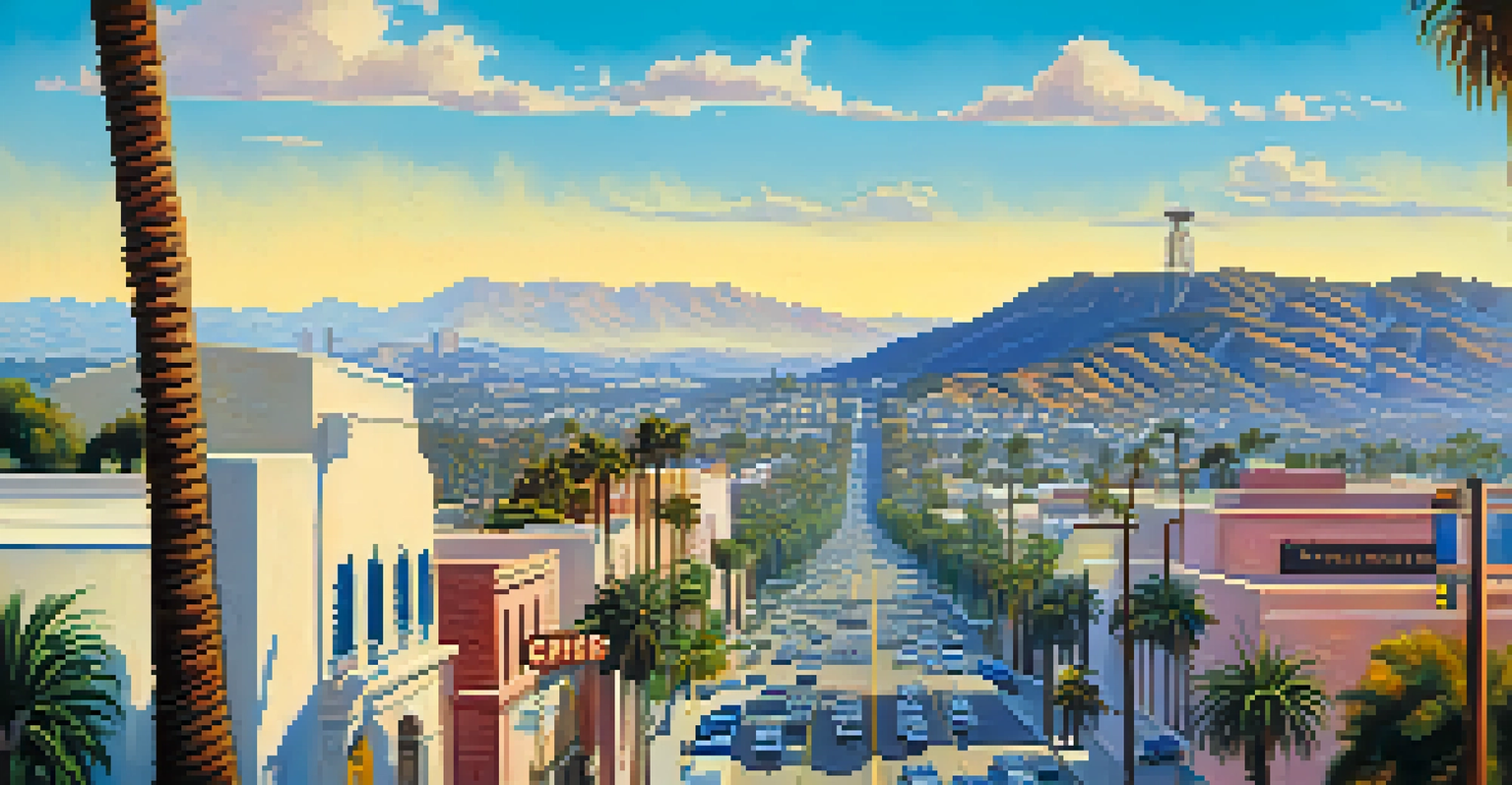 Aerial view of 1920s Hollywood with the Hollywood sign, early film studios, palm trees, and a bright blue sky.