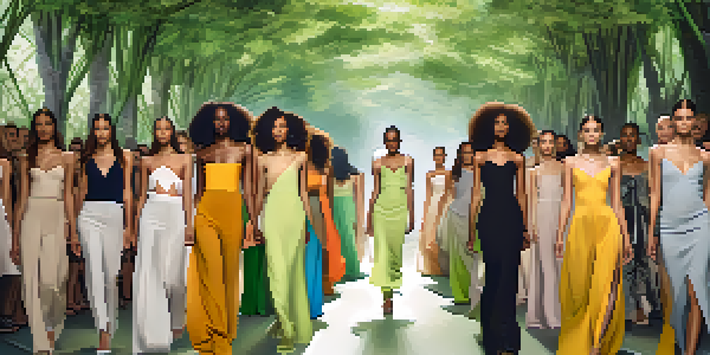 A colorful fashion runway with diverse models in eco-friendly clothing made from organic materials, surrounded by greenery and soft lighting.