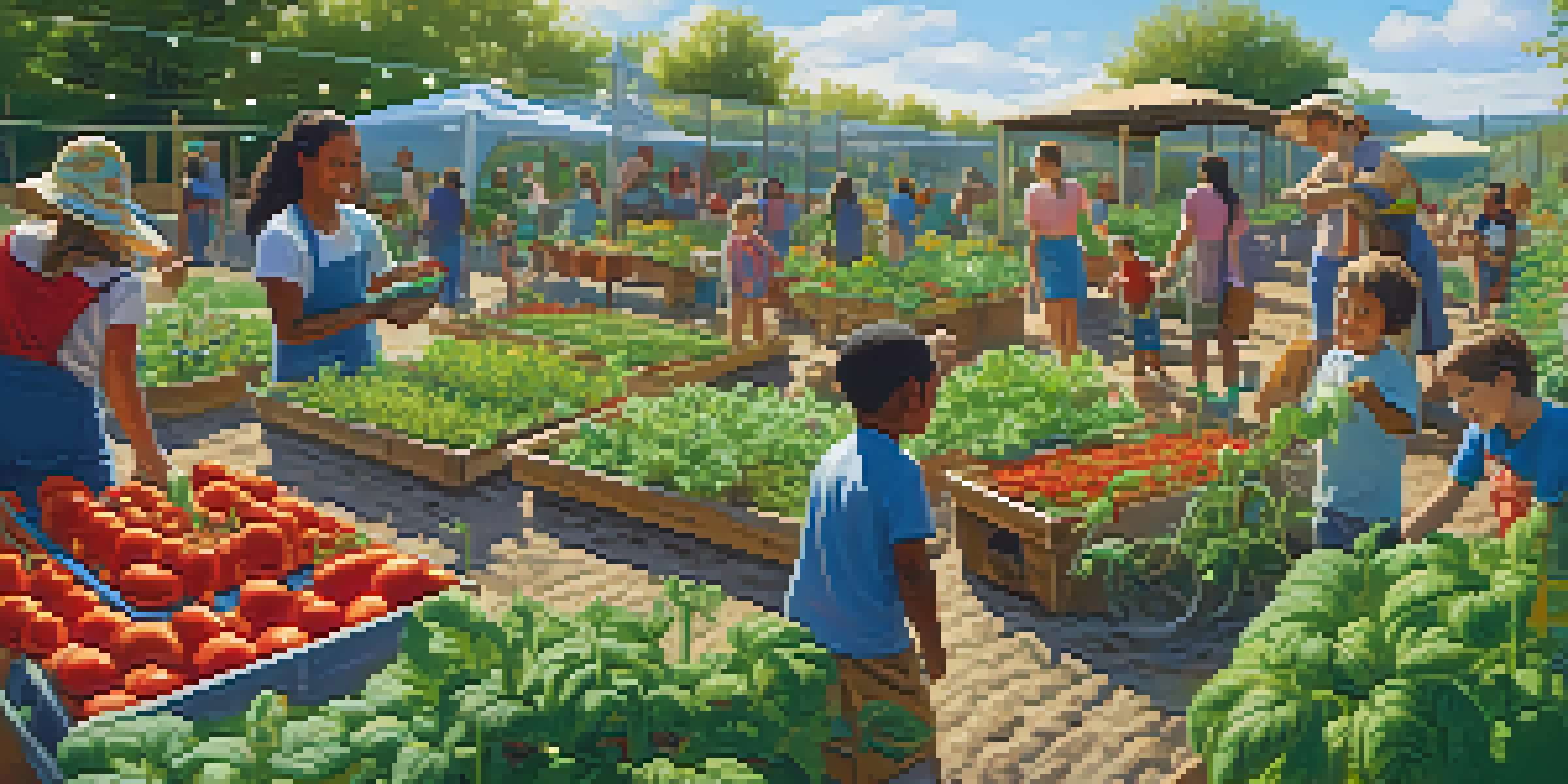 A lively community garden where people of different ages are gardening together, with vegetables growing and a sunny sky above.