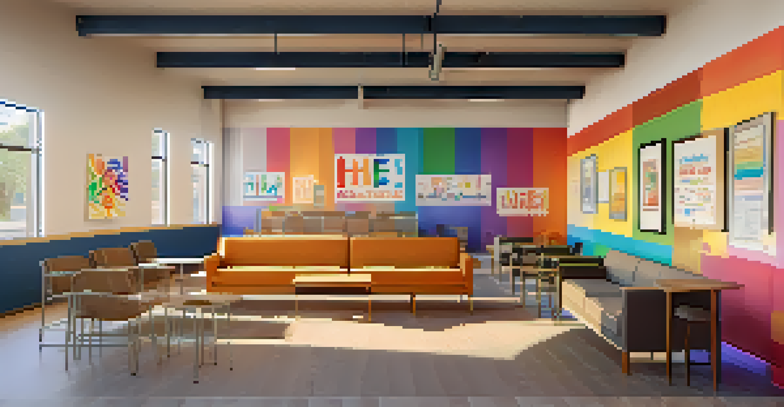An inviting community center for LGBTQ+ support, featuring colorful murals and cozy seating areas, bathed in warm lighting.