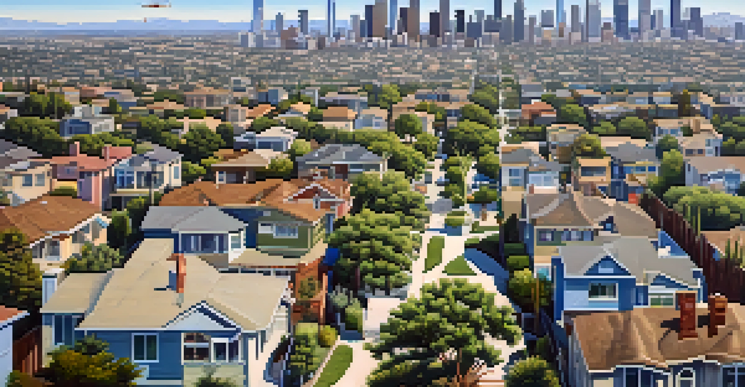 An aerial perspective of a transforming Los Angeles neighborhood with new and old buildings side by side.