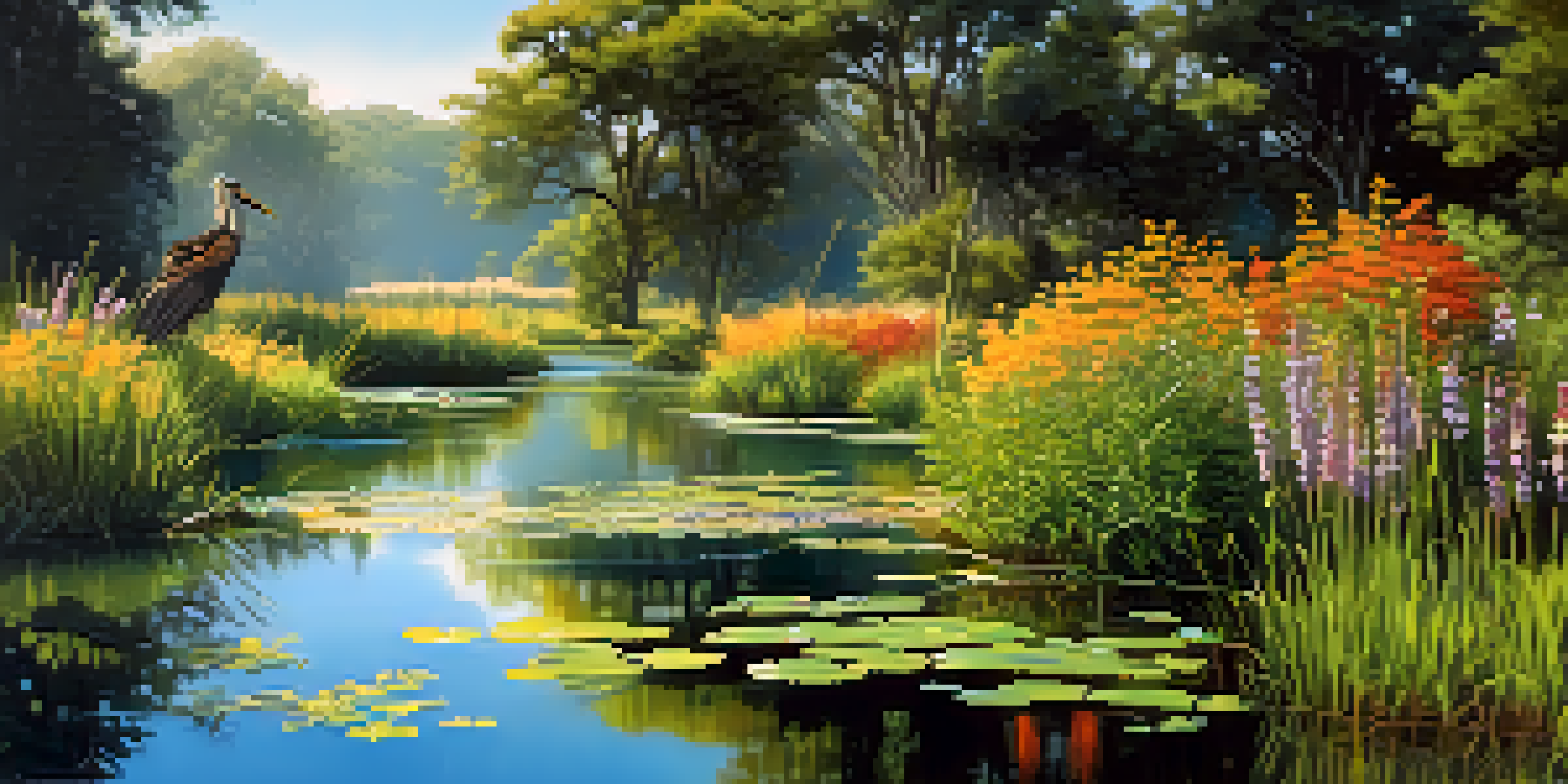 A vibrant wetland landscape with native plants, wildlife, and clear water under a blue sky.