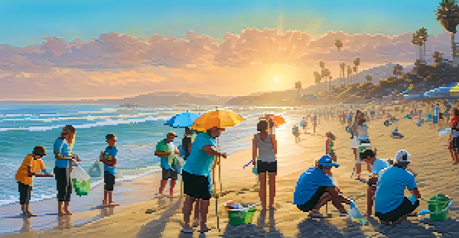 Volunteers participating in a beach clean-up in Los Angeles, collecting trash along a sandy shore with a turquoise ocean and a sunset in the background.