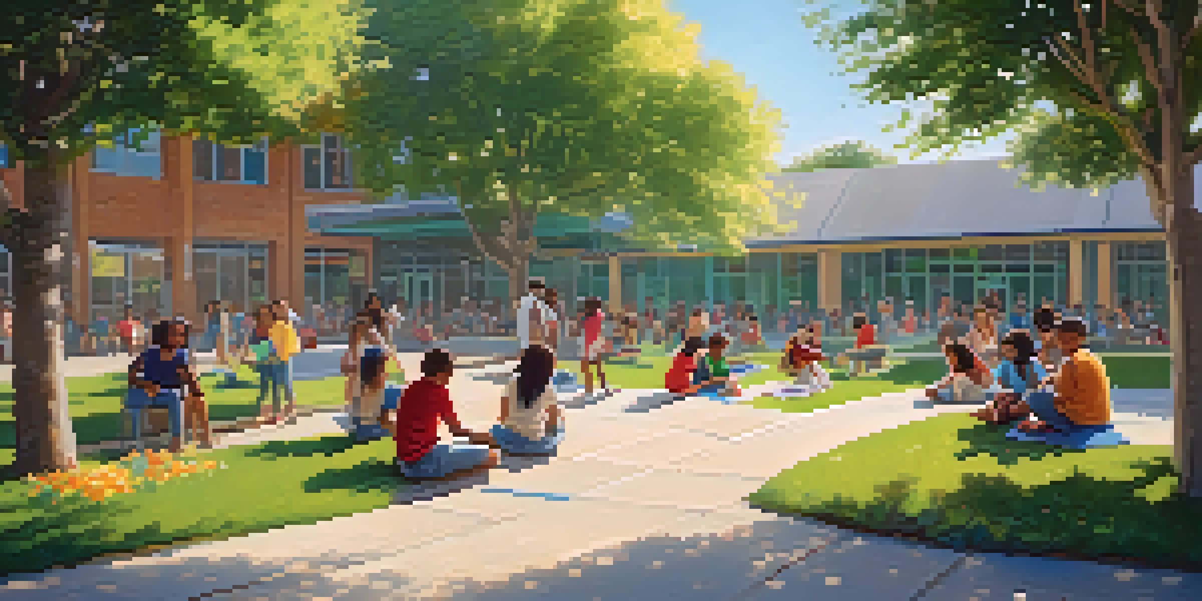 A lively school courtyard with students of different ethnicities interacting in a friendly manner under a sunny sky.